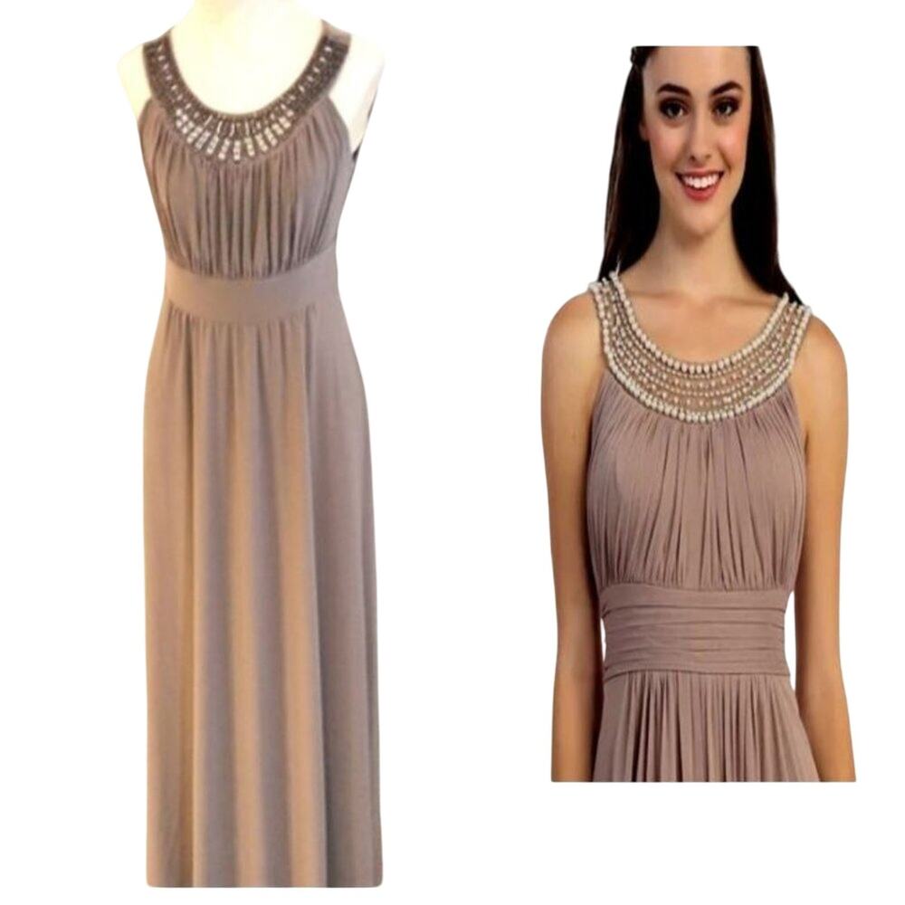 Haani Cocktail Maxi Dress Beaded Sz SP Taupe Sleeveless Long Prom Wedding Party
